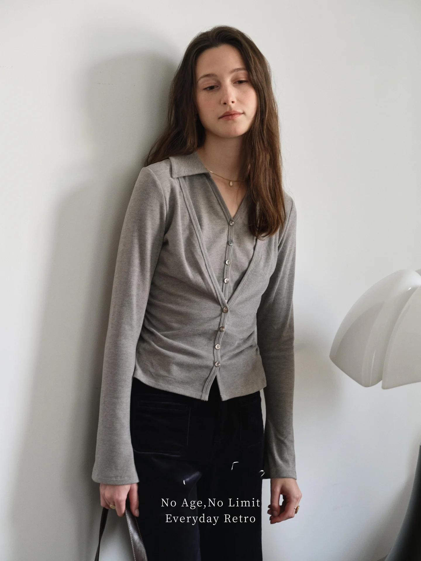 SimpleRetro French Style Knitted Long Sleeve Henry Collar T-Shirt Green Moss Scale Drawstring Waist Women's Top