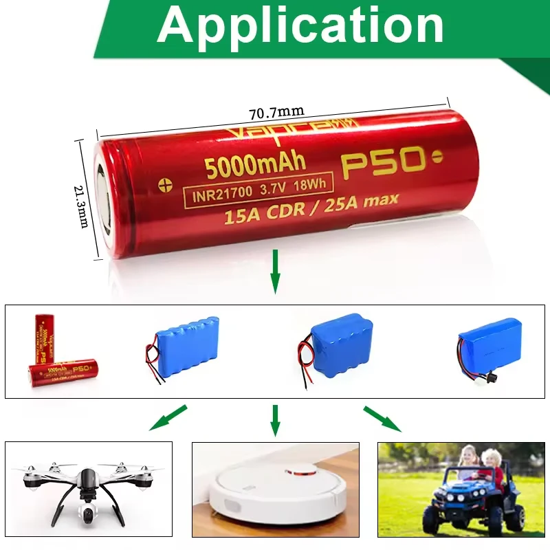 Hohe Kapazität Vapcell P50 INR 21700 3,7 V 18 Wh 5000 mAh Akku 15 A CDR/25 A max. wiederaufladbare Lithium-Akkus für Elektrowerkzeuge