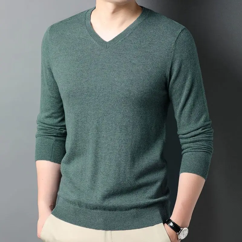 Men V Neck Knitted Sweater Autumn Winter Solid Color Long Sleeve Soft Casual Basic Pullover Tops