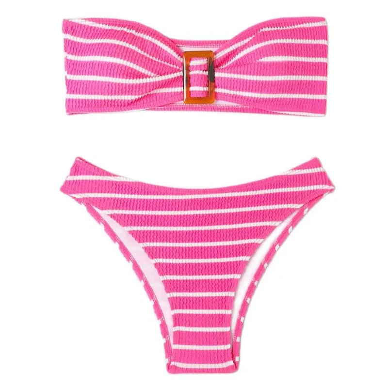 

2pcs Women Bandeau Bikini Set Sexy Strapless Striped Swimsuit Tube Top Strapless Textured High cut Bikinis Swimwear Buckle decor