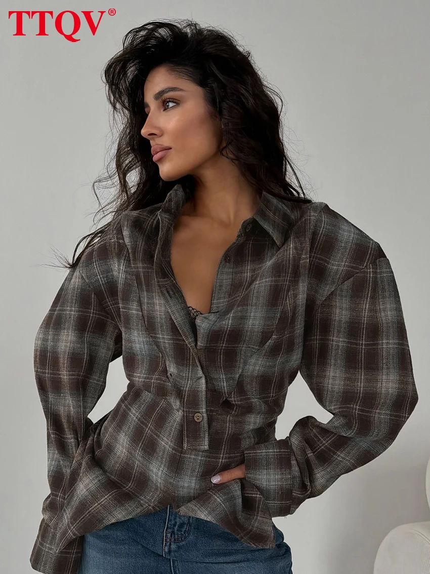 Vintage Plaid Women's Blouse - Elegant Long Sleeve Shirt