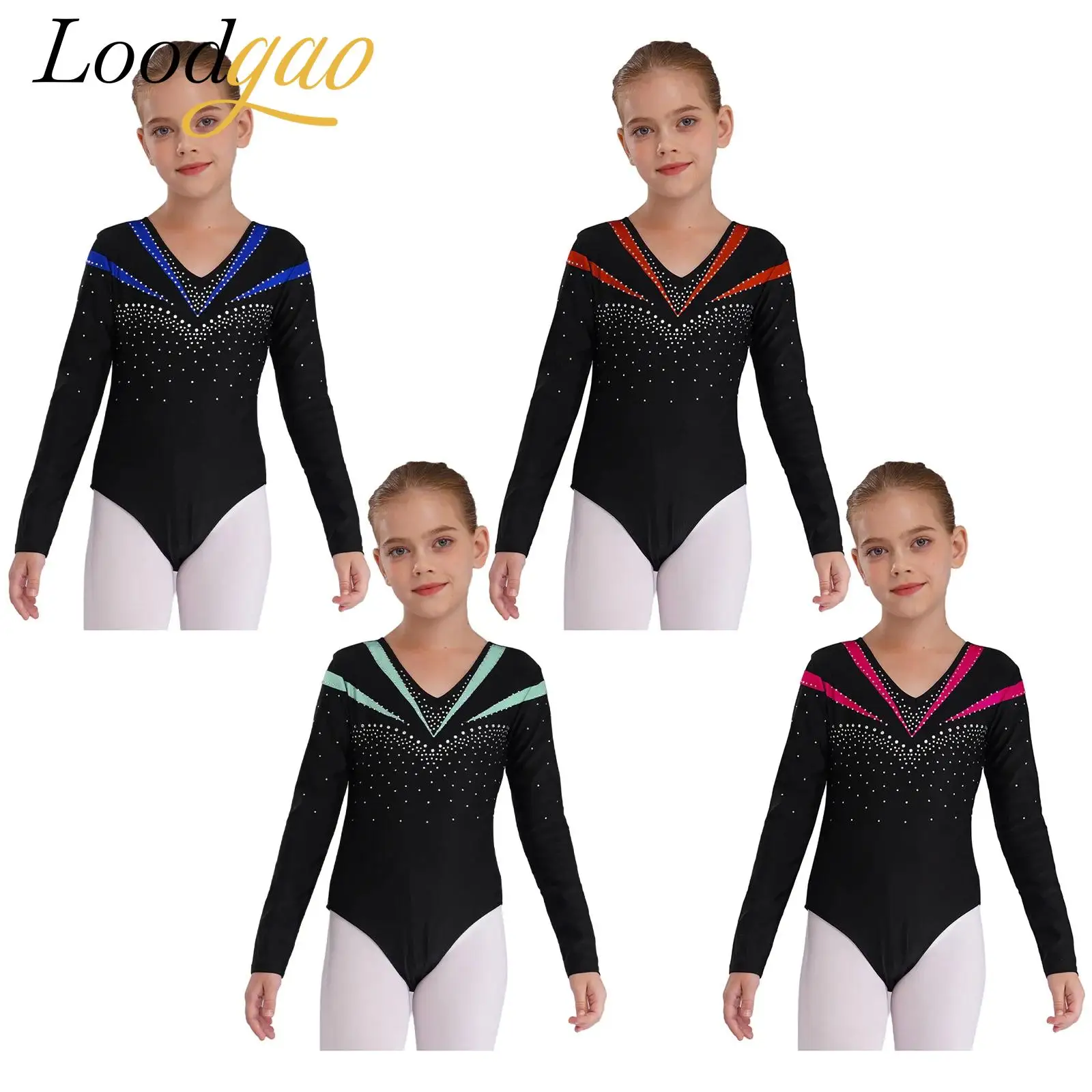 

Children Ballet Gymnastics Jumpsuit for Girls Kids Long Sleeve Shiny Rhinestone Figure Ice Skating Bodysuit Teens Dance Leotard