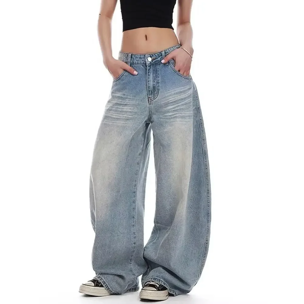 

Винтажные джинсы Y2K с вышивкой, женские, синие, с высокой талией, прямые, свободные, из денима, в американском ретро-стиле, широкие штаны