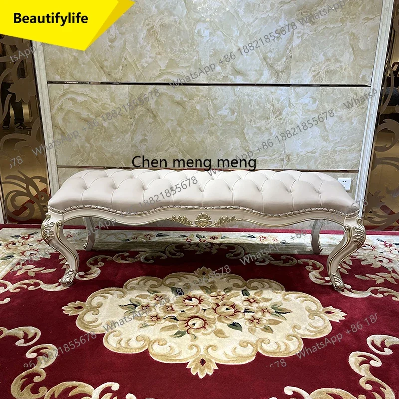 

Q181 French court leather bedside stool, European luxury solid wood carving flower sofa stool bedroom pedal