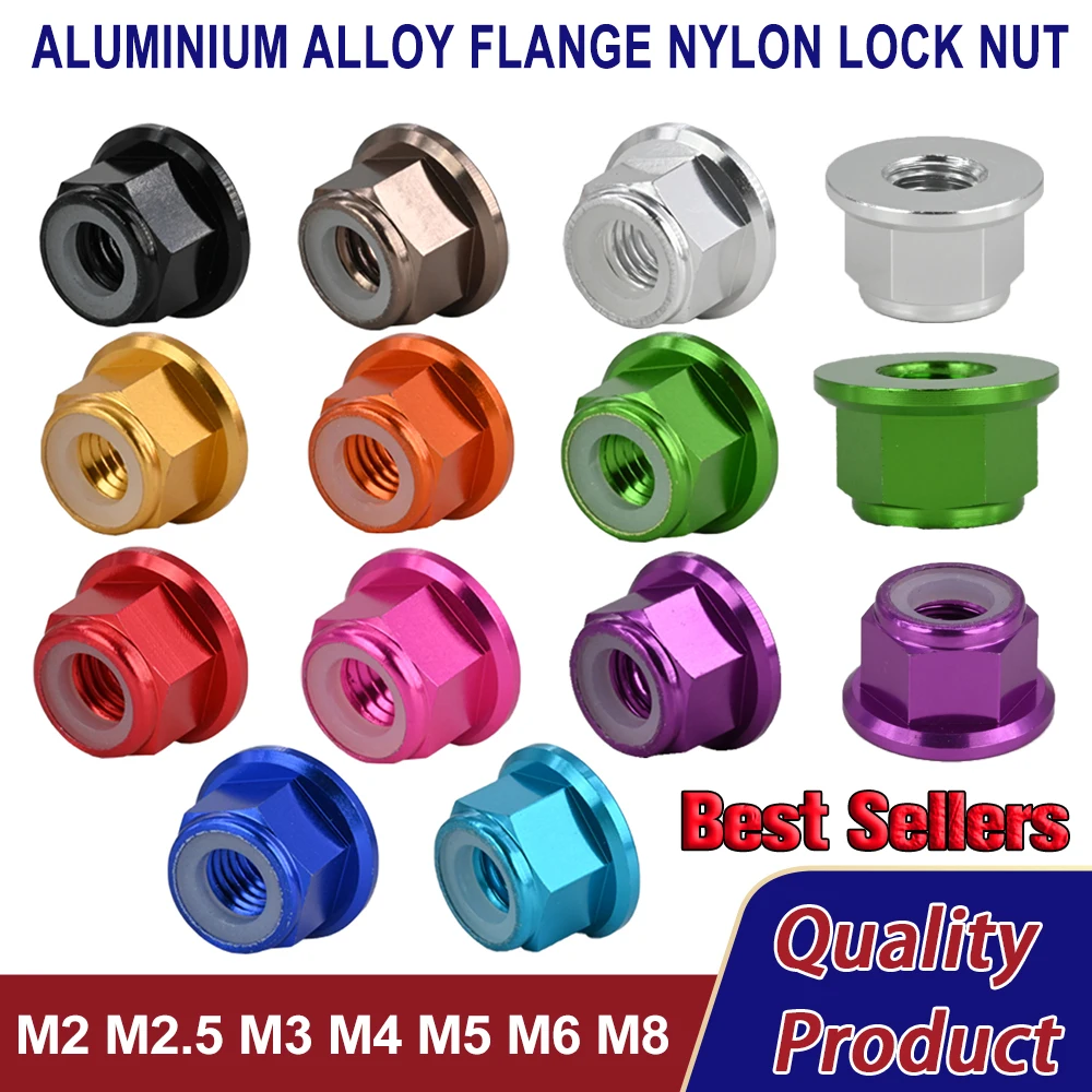 Metric Thread Aluminium Alloy Flange Nylon Lock Nut M2 M2.5 M3 M4 M5 M6 M8 Colorful Anodized Self-locking Hexagonal Nylock Nuts