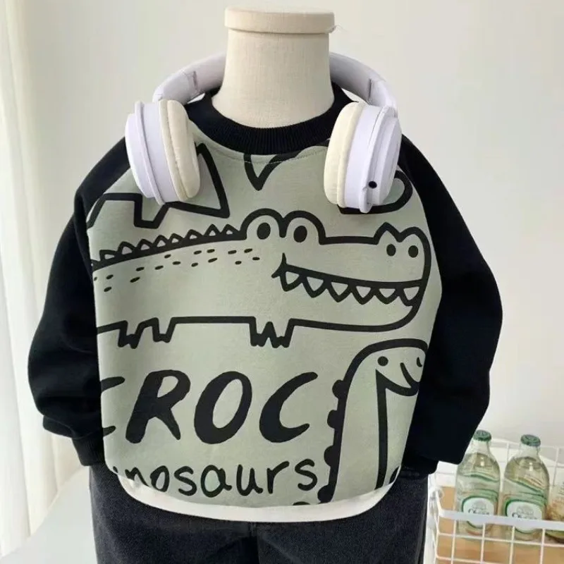 2026 New Boys Dinosaur Hoodie Autumn Winter Cartoon Thick Pullover Sweatshirt Middle Kids Casual Top