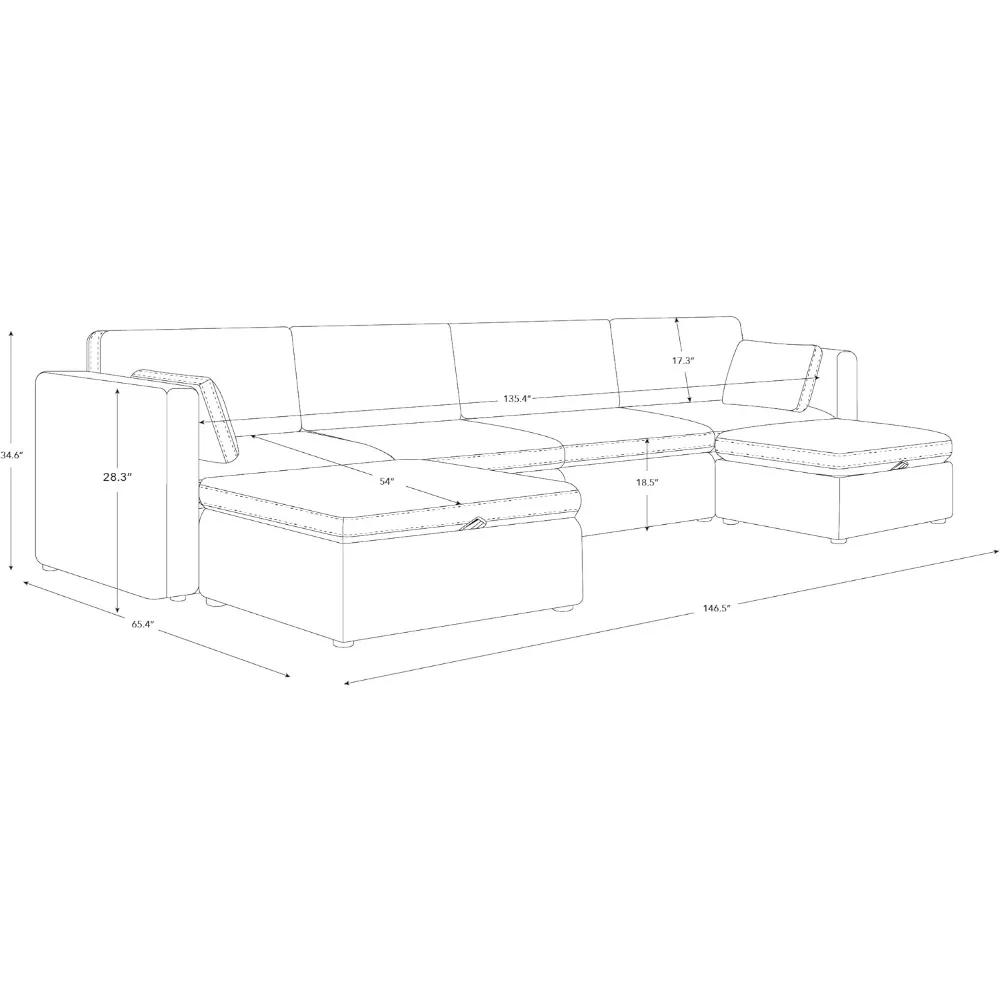 Terracotta 6-Seat U-Shaped Modular Sofa Set, 146 Inches Wide, Sofa with Storage Ottoman，Terracotta