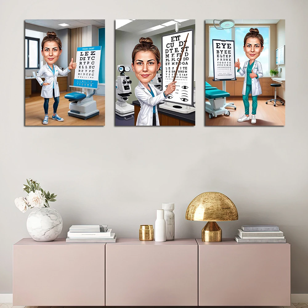 Custom Female Eye Doctor Cartoon Portrait Personalized Ophthalmologist Picture Canvas Poster Print Home Office Wall Art Decor