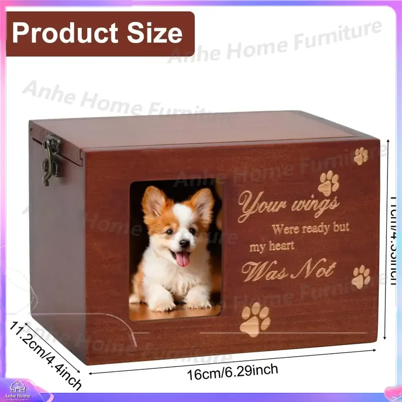 Large Wooden Pet Urn for Dog Cat Ashes Memorial Funeral Cremation Box with Photo Frame Flannel Lining Keepsake Memory Casket