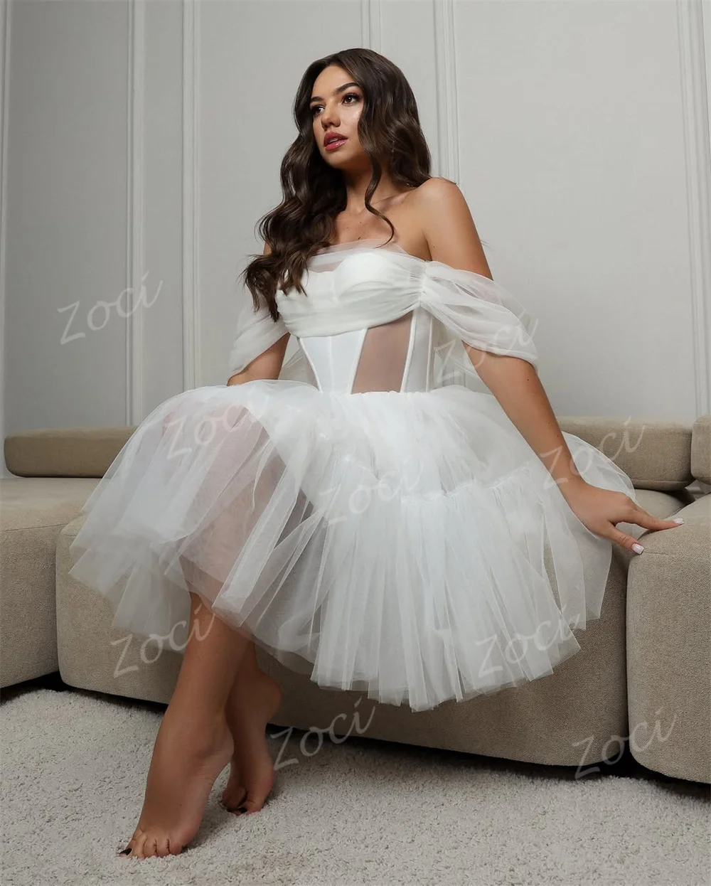 Zoci morbido tulle corto abito da sposa da spiaggia senza spalline mini una linea abiti da festa corsetto posteriore Rochie De Mireasa personalizzato
