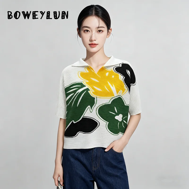 

Women's T-Shirt 2026 Summer Plant & Floral Print Lapel Casual Short Sleeve Tops for Women