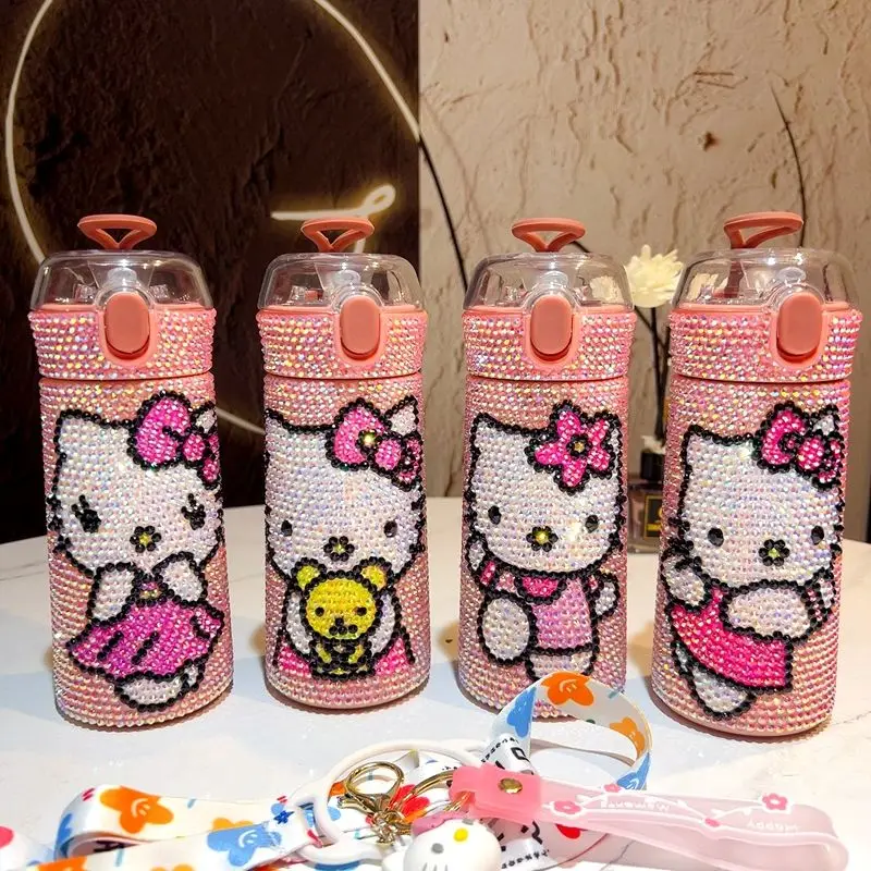 

Hello Kittys Diamond Insulated Thermos Cup Kawaii Sanrios Cute Straw Cup Women Rhinestone Water Cup Cartoon Girl Birthday Gift