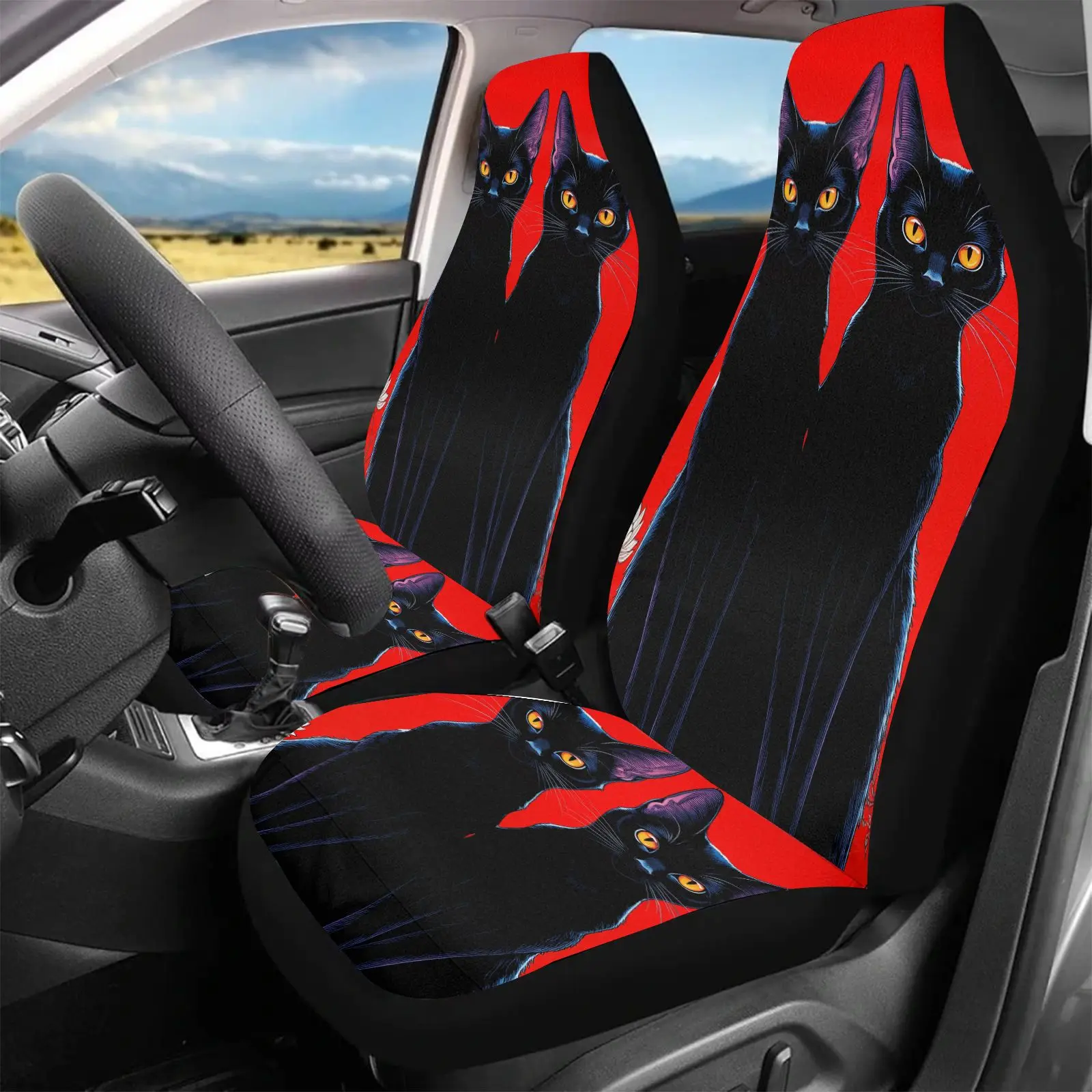 Car Seat Covers Black Red With Black Cat Pattern | Non- Polyester Fabric, Universal Fit For Car Interior Decoration