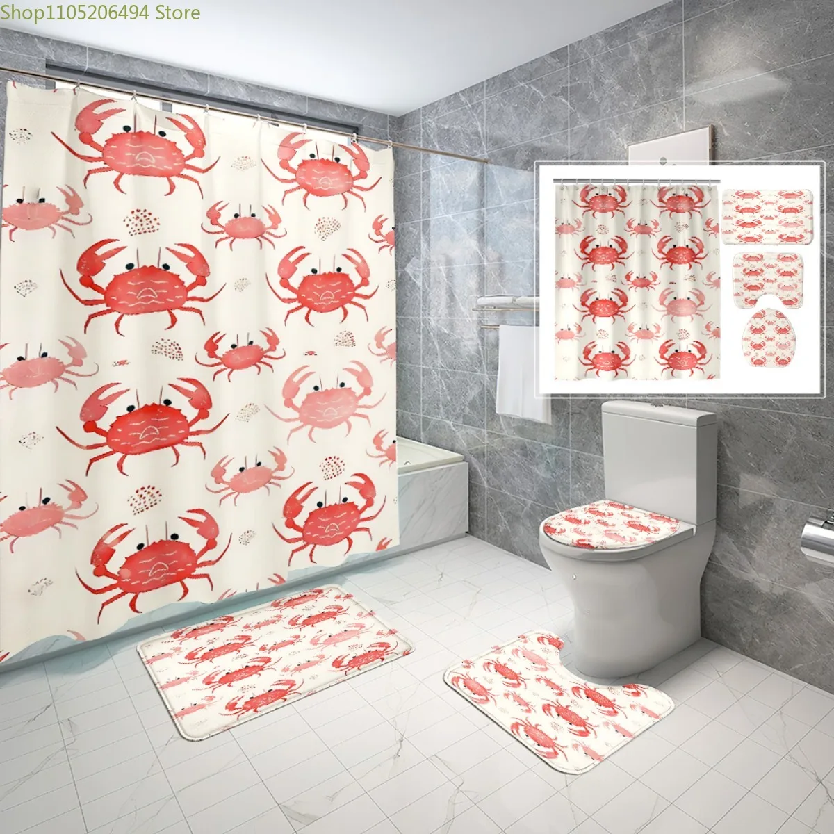 

1/4pcs Crab Pattern Shower Curtain Set | Includes Shower Curtain with 6/12 Hooks, Non-Slip Bath, U-Shape, Toilet Lid Cover Pad