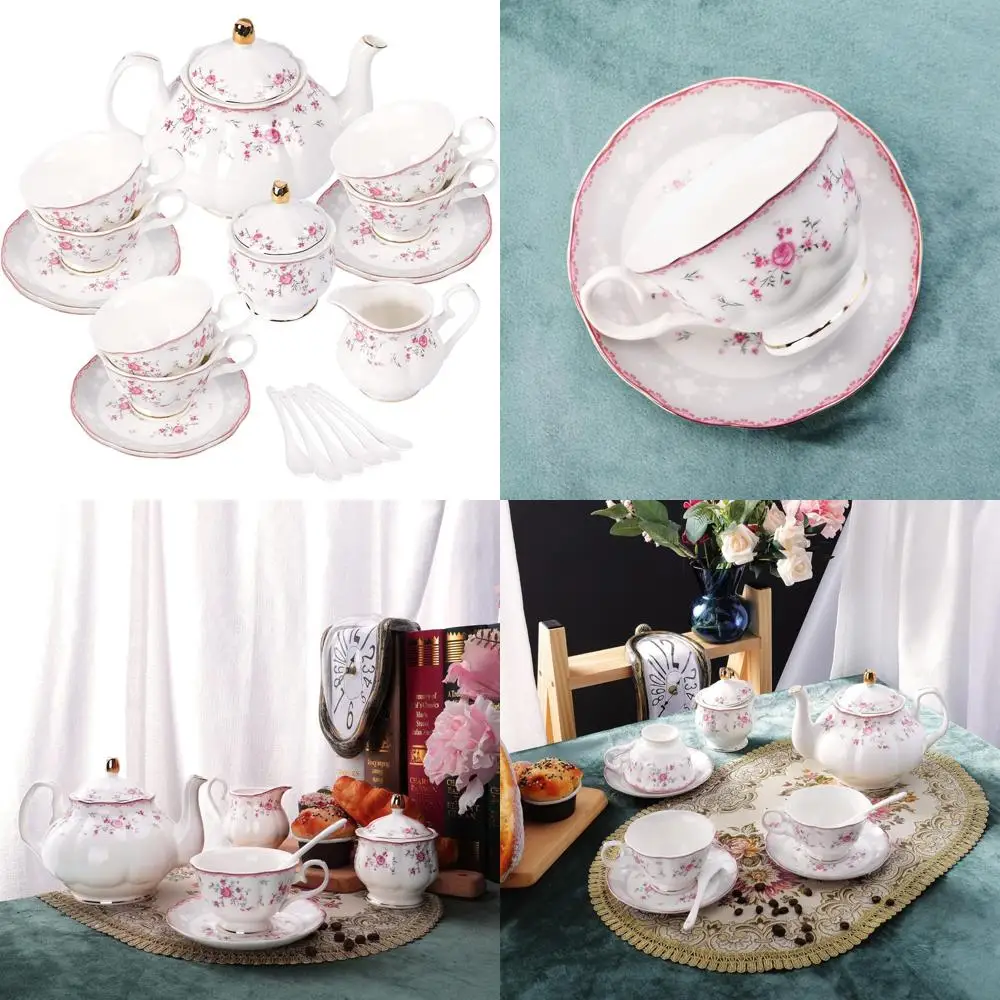 

Винтажный фарфоровый чайный сервиз для женщин, 6-компонентный набор чашек и блюдца для чая, свадебный чайник с цветочным принтом для взрослых, дизайн розовой розы