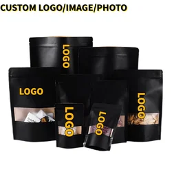 Sachets de Rangement en Papier Kraft Noir avec Fenêtre Givrée, Sachets Cadeaux Ziplock, Poudre Refermable, Sucre Moulu, Café Kg, Thé, Collation, 100 Pièces