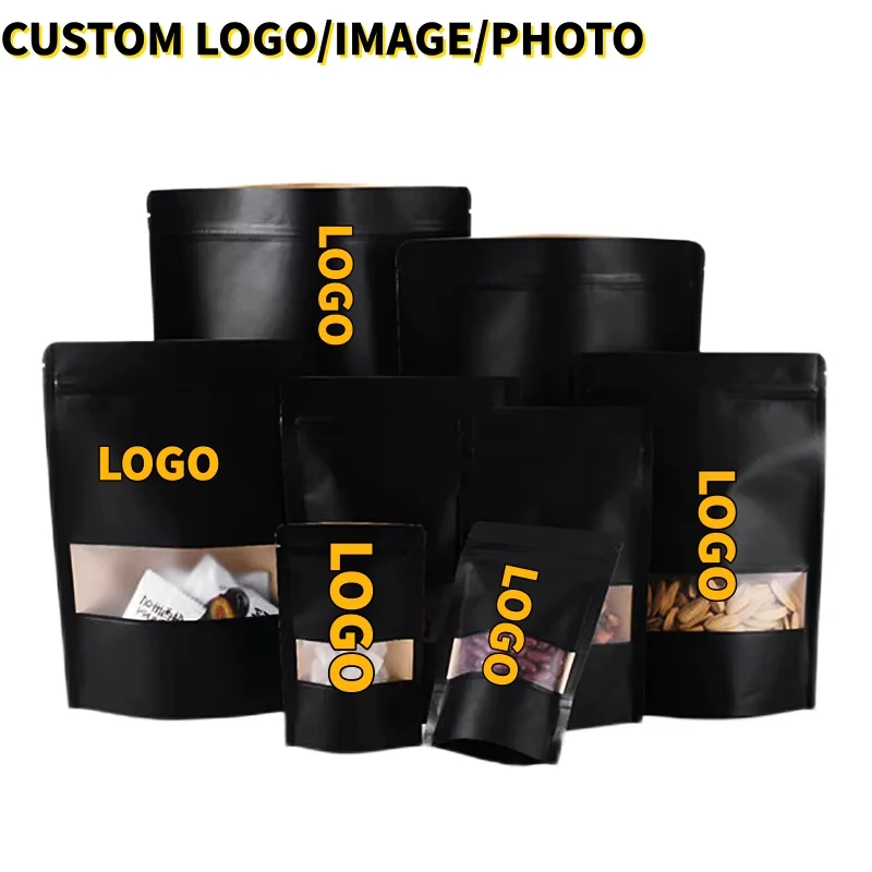 100 SZTUK Czarne Torebki z Papieru Kraft z Matowym Okienkiem i Zamknięciem Ziplock, Wielokrotnego Użytku, na Cukier Puder, Kawę Mieloną, Orzechy, Herbatę, Przekąski, Woreczki do Przechowywania