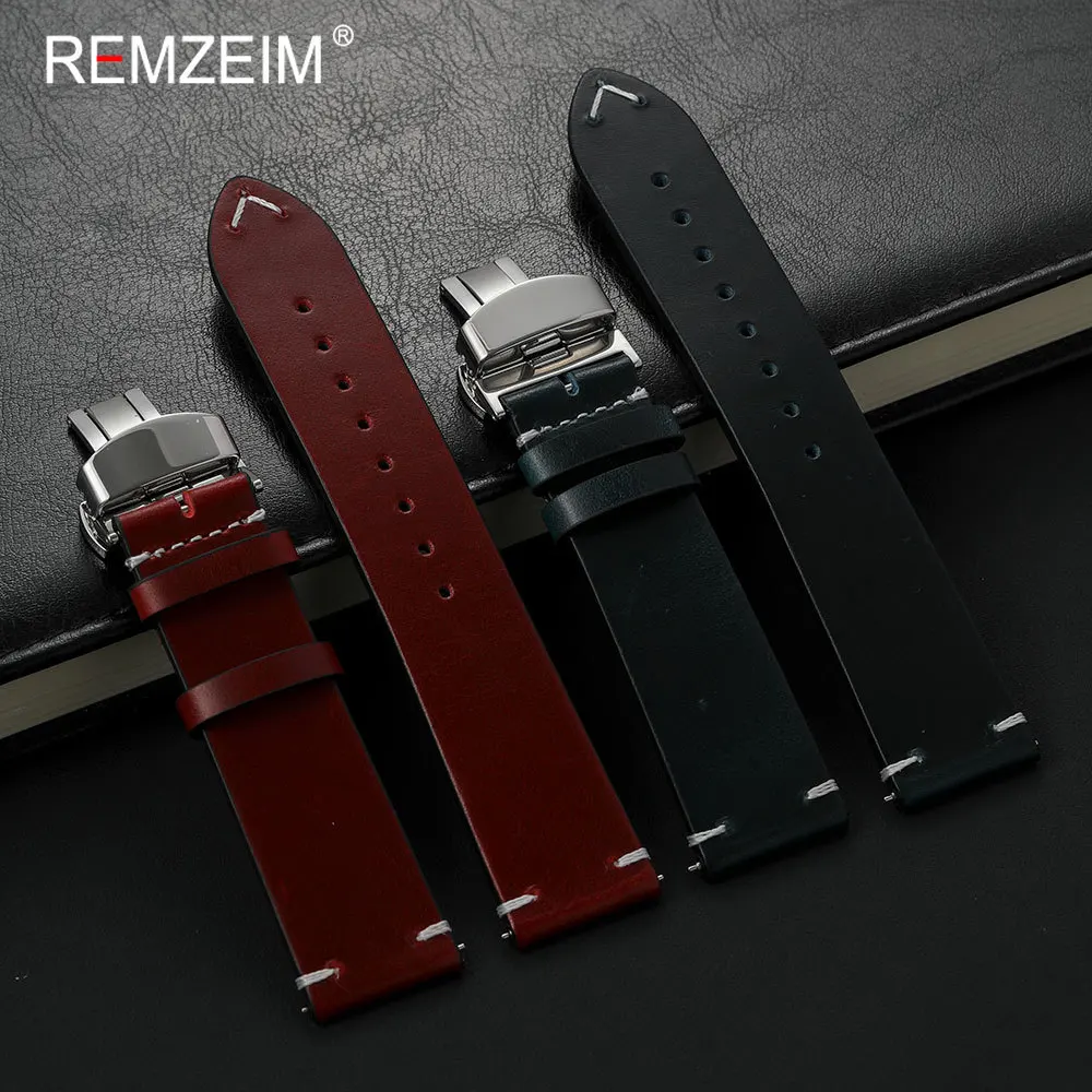 Schnellverschluss-Uhrenarmband aus Ölwachsleder für Herren, 18 mm, 20 mm, 22 mm, mit Butterfly-Schnalle, bequemes Business-Armband