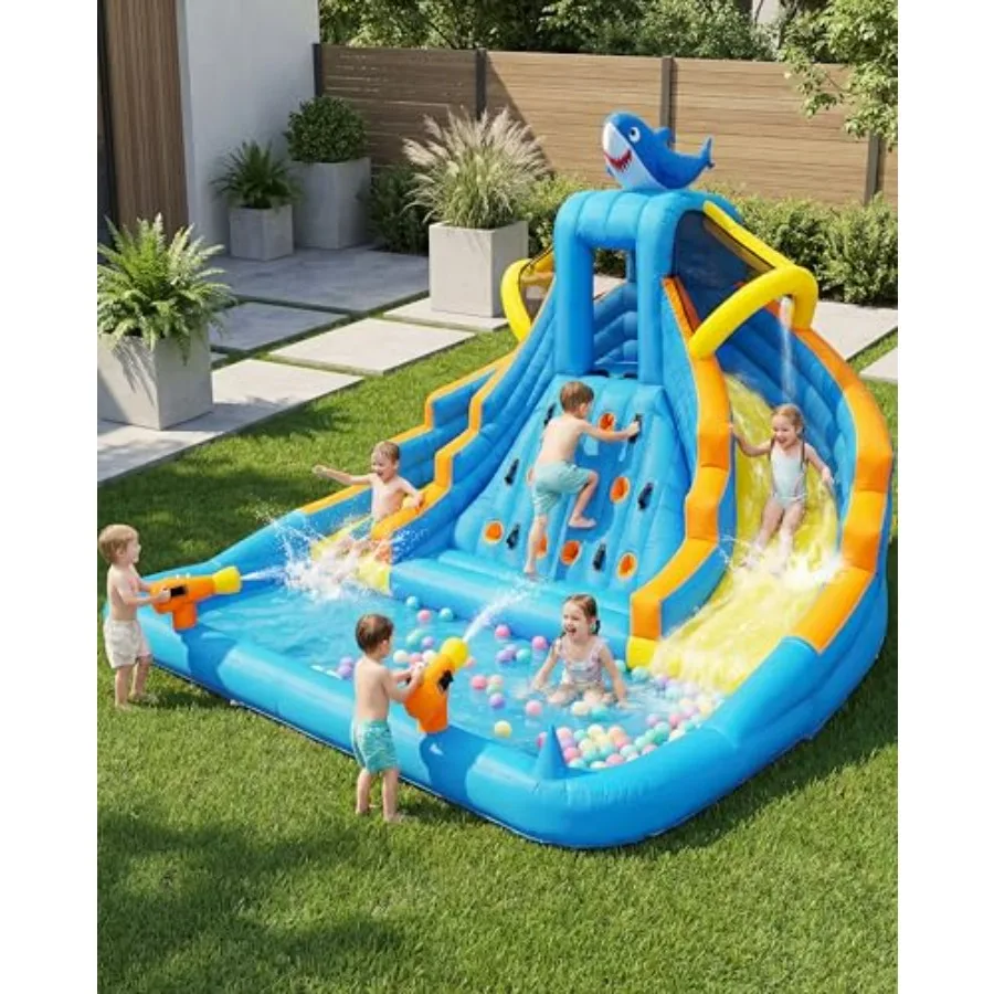 

Backyard kids inflatable bounce house water park: PVC, blue/red, 13ft double lane slide with splash pool, climbing wall, water