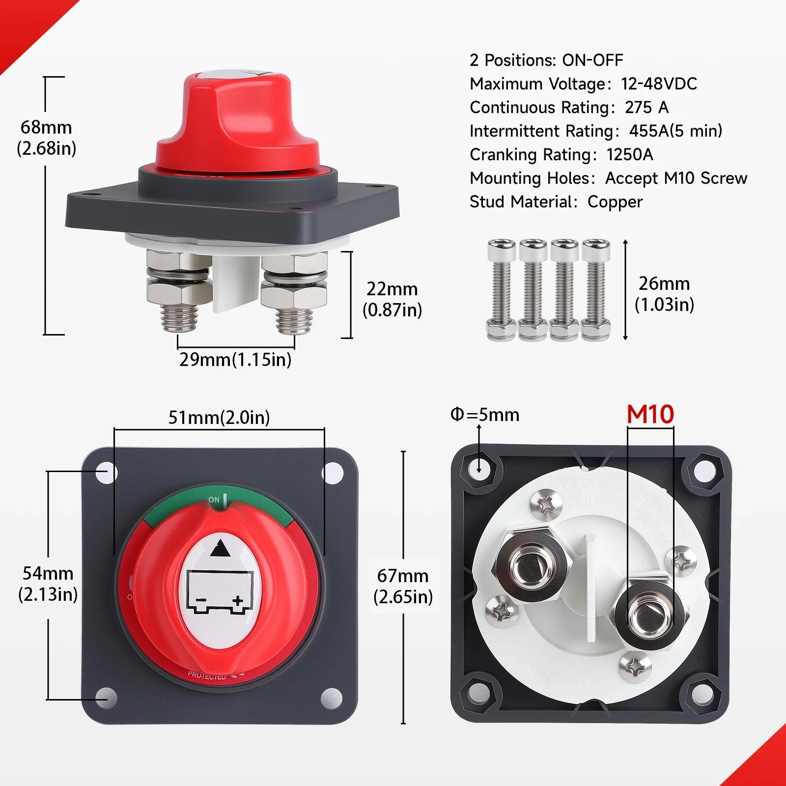 M10 M8 275 Amp Isolator Kill Switch 12V-48V Battery Breaker Battery Connector Disconnect Switch For Car Vehicle RV Boat Truck