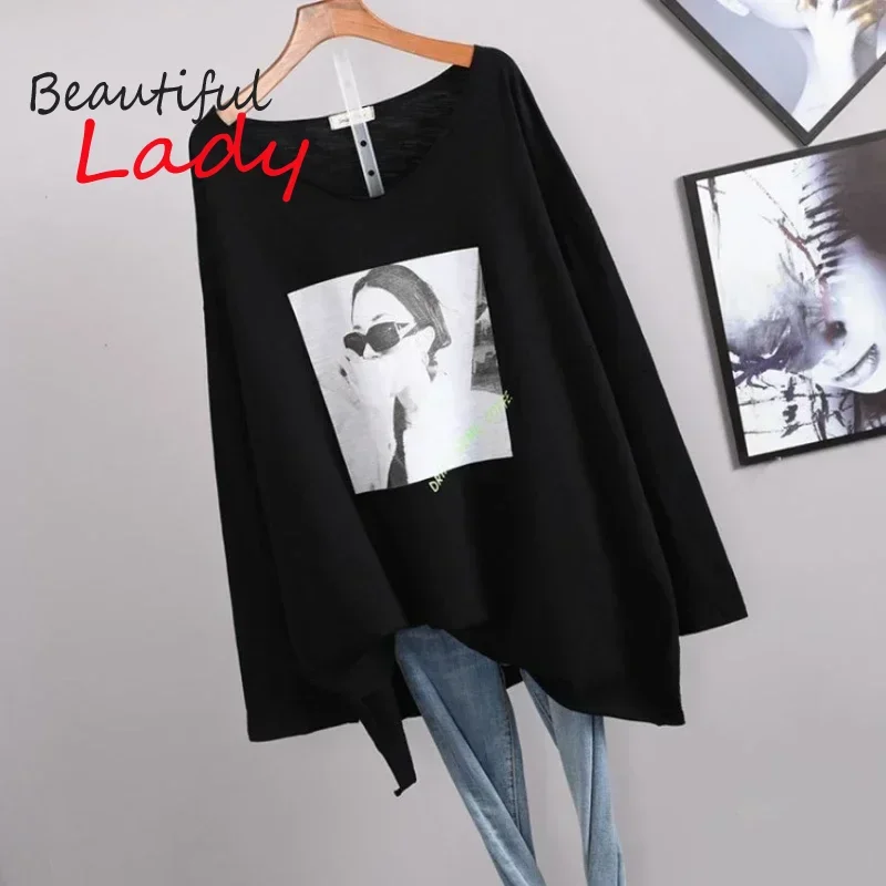 Spring Summer Large Size Loose Long Sleeve T-shirts Woman Cotton V-neck Casual Style T Shirt Base Shirt Women Tops Woman Tshirts