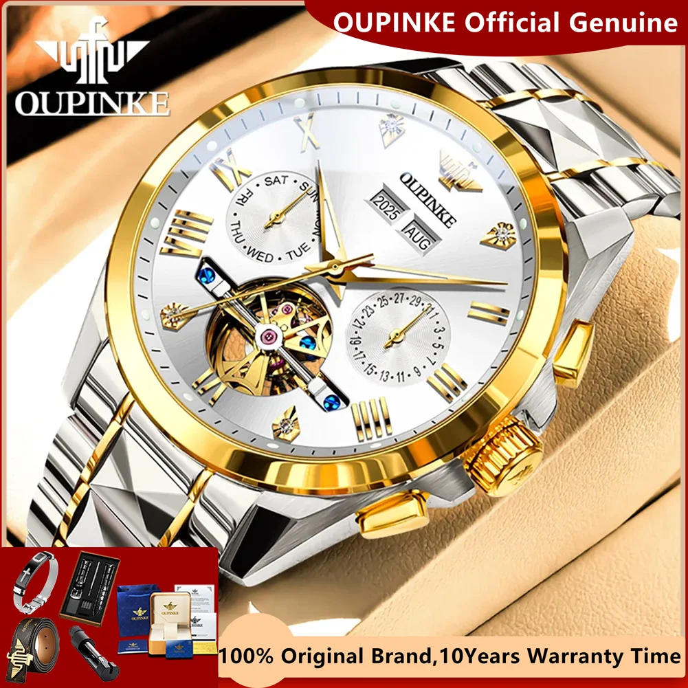 OUPINKE New High-End Automatic Watch for Men Tungsten Steel Skeleton Flywheel Luxury Business 44mm Large Dial Original Man Watch