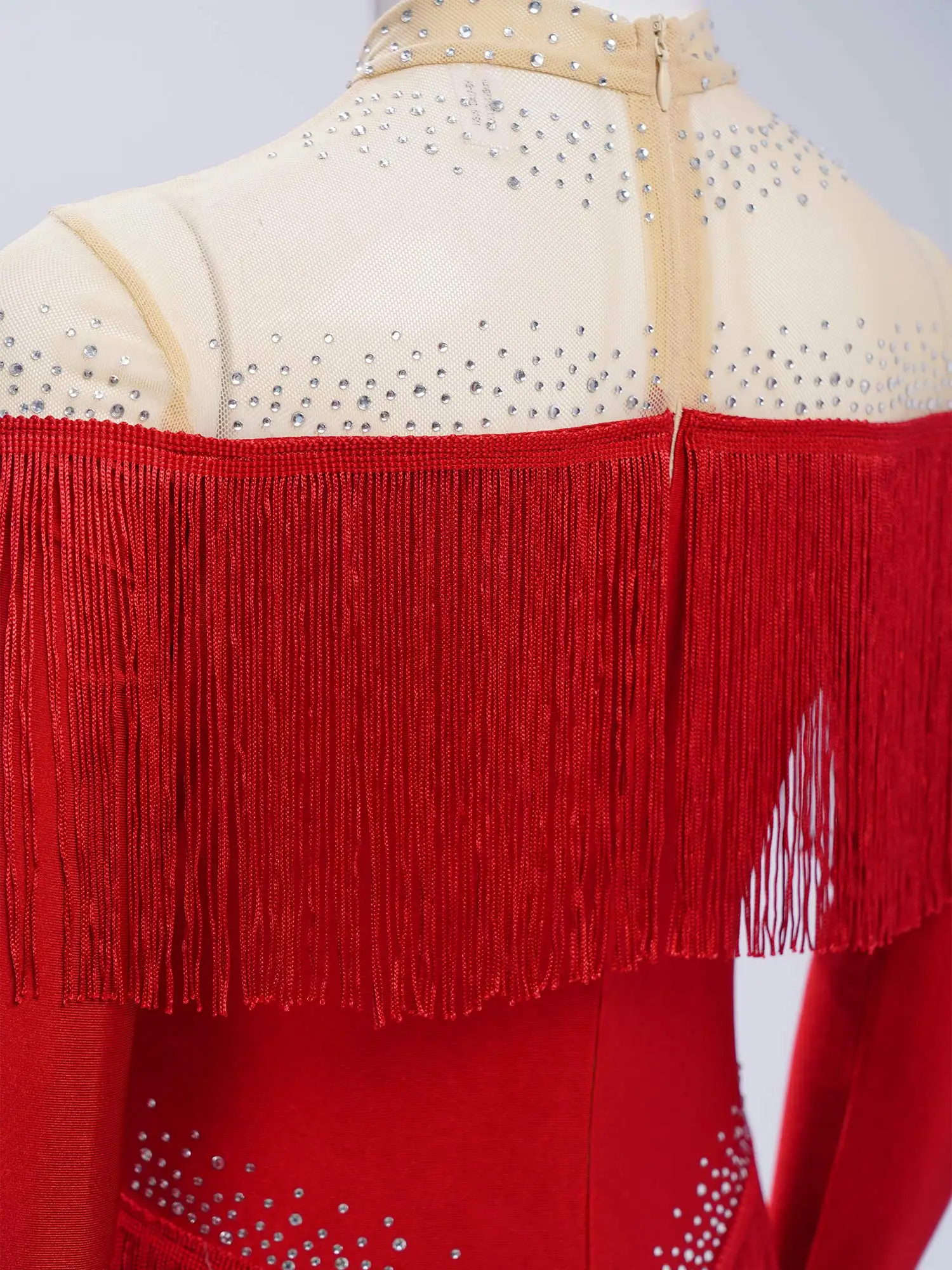 Mono de leotardo de baile latino con borlas para niñas, traje de actuación en escenario, mono de manga larga de malla transparente con diamantes de imitación brillantes