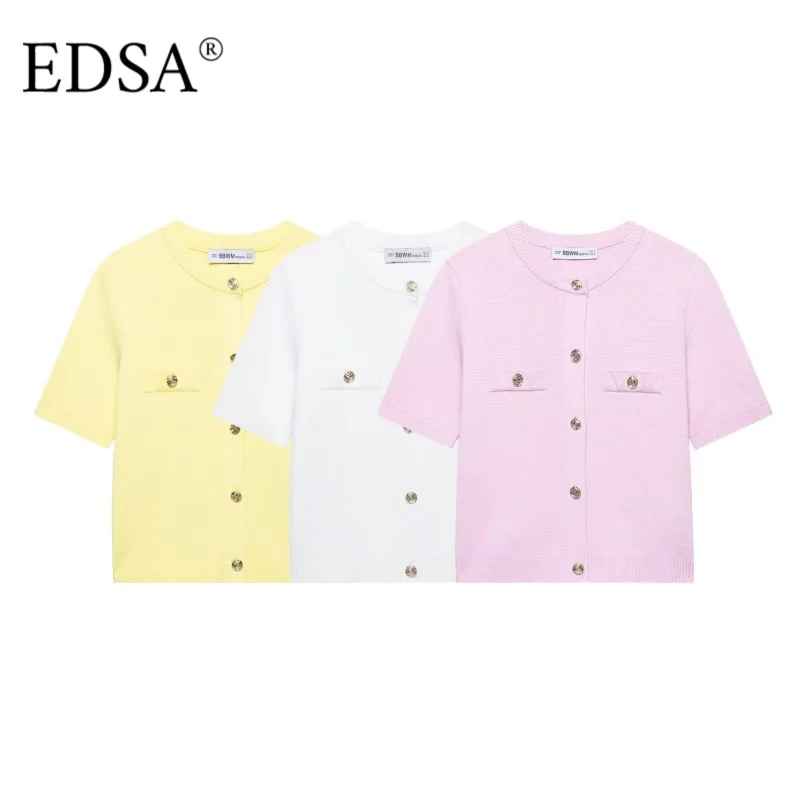 

EDSA женский вязаный кардиган с короткими рукавами и круглым вырезом, однобортный с золотыми пуговицами, летний свитер, пальто