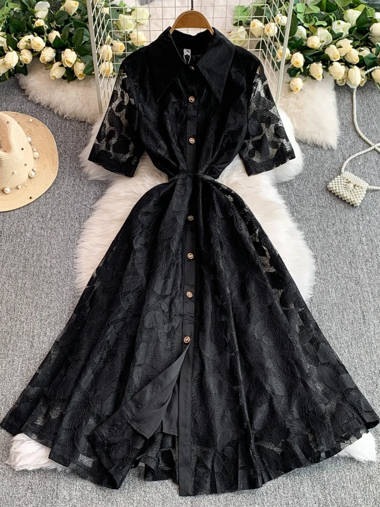 Vestido E de Renda com Cintura Alta, Estilo A-Line, Com Botão Único, Vestido Longo Slimming, Estilo Coreano, Vestido d...