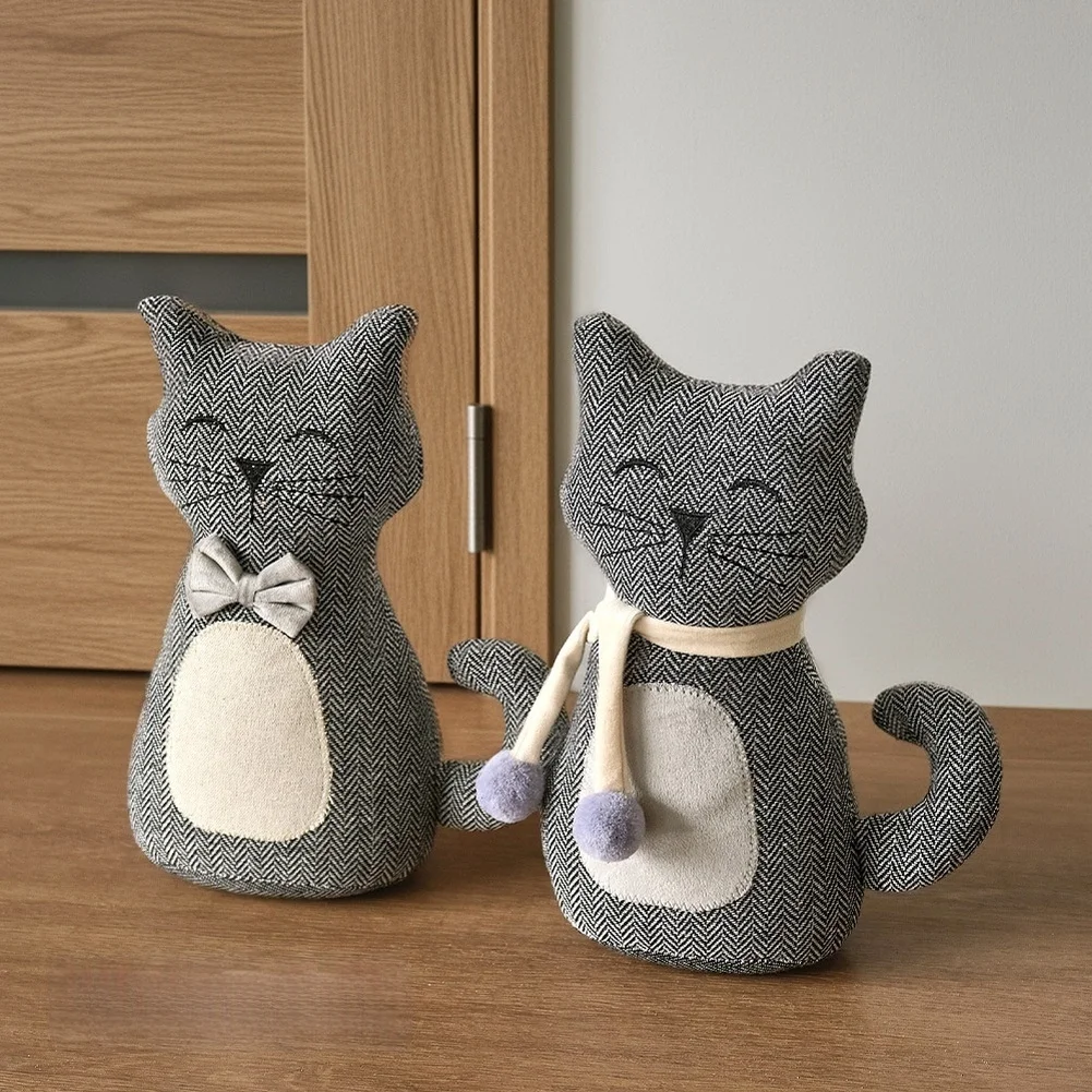 New Woven Cloth Kitty Door Gap Holder Scarf Bow Detail Windproof Decor Piece Cute Animal Shape Home Bedroom Floor Display Supply