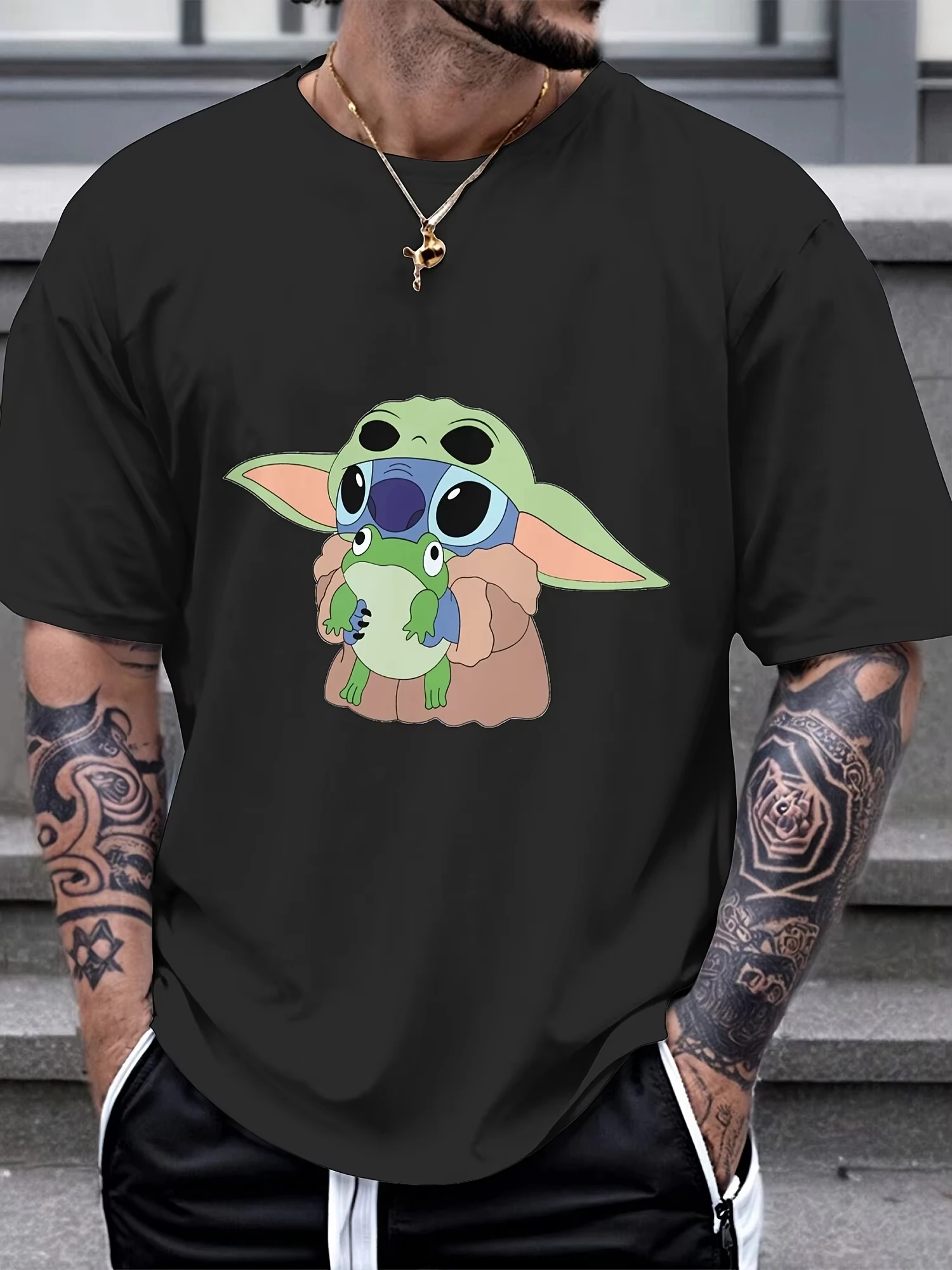 Camiseta Stitch and Baby Yoda para hombre, camiseta informal de algodón con estampado diario para hombre, cómoda camiseta redonda de manga corta con cuello para primavera/verano