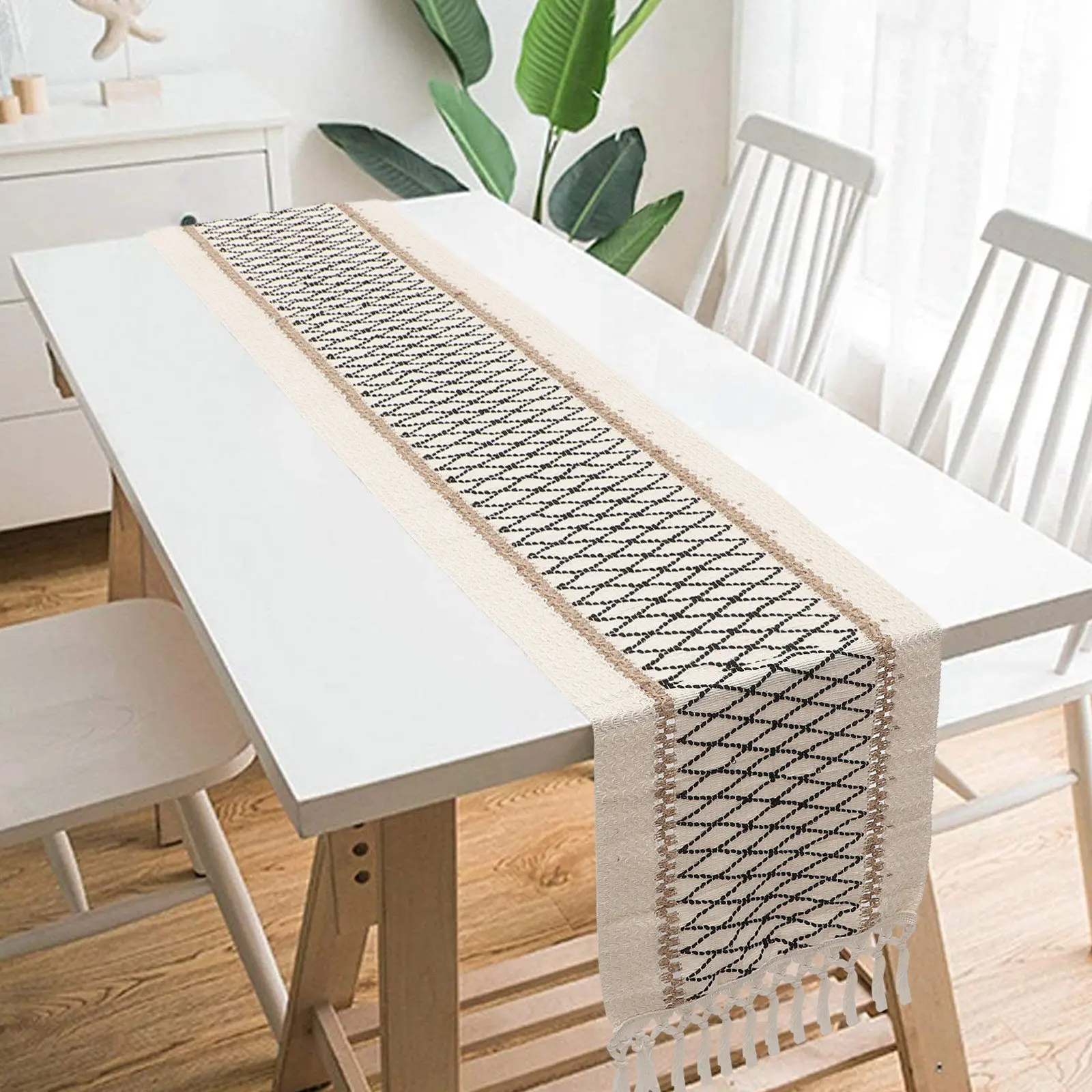 Decorative Table Runner Vintage Woven Cotton Linen Tassel Soft Texture for Dining Room Hotel Banquet Holiday Party Table Cover