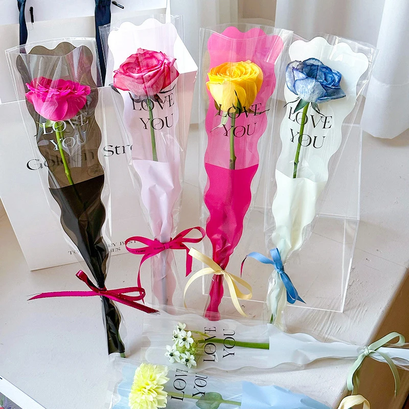 10 Pcs Valentine's Day Single Rose Sleeves Flower Wrapping Bag Bouquet Packaging Bags Clear Floral Wrappers