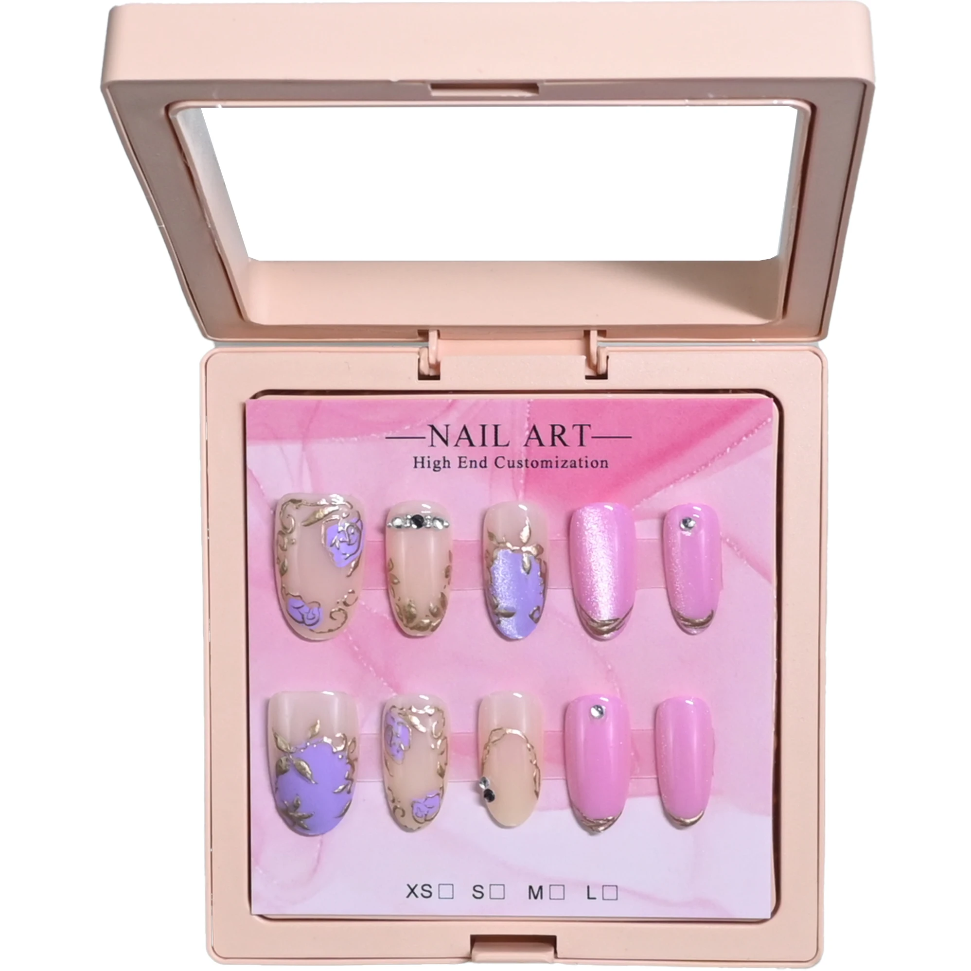 New arrival: 10 handmade medium almond press-on nails, exquisitely packaged. Nude pink-purple base with gilded roses, French lin