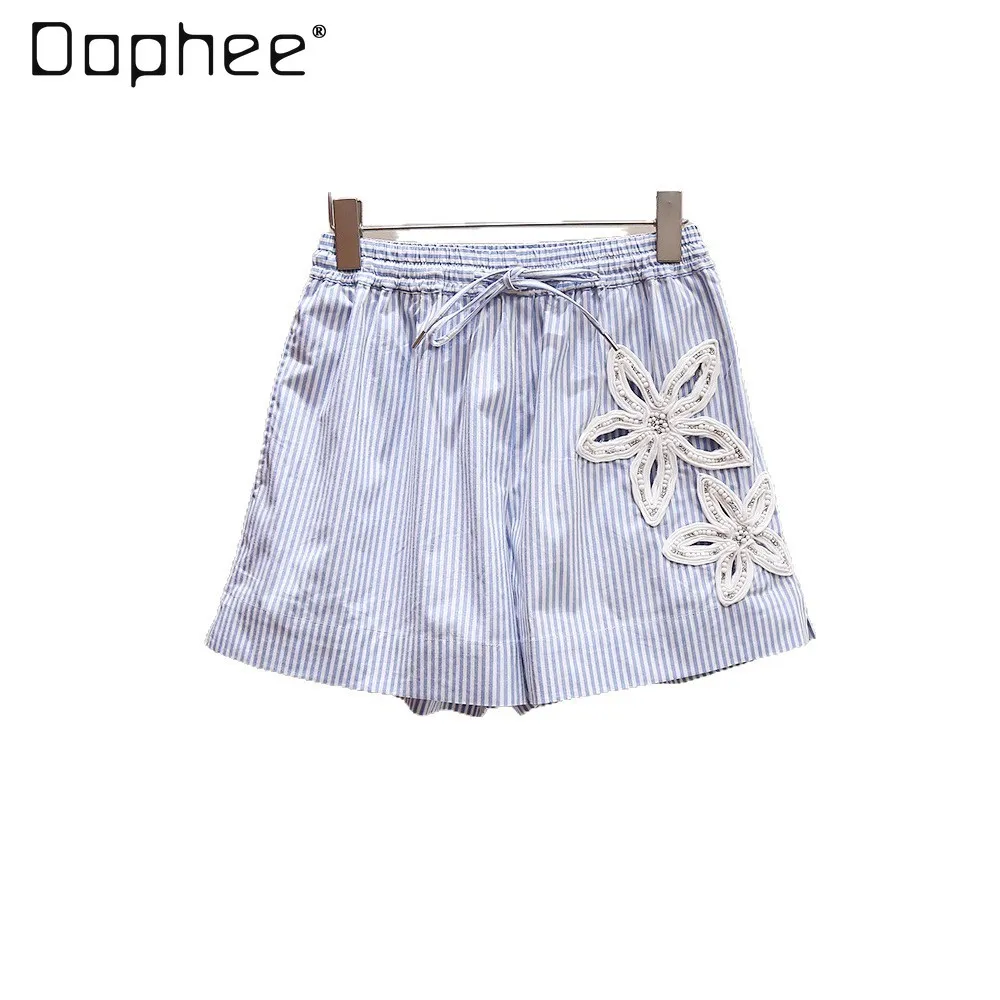 Sommer Retro bestickte Blumenperlen hohle Spitze elastische Taille A-Linie weites Bein Hose koreanische schicke blau-weiß gestreifte Shorts