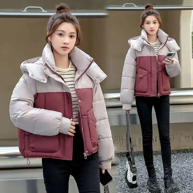New Thickened Hooded Down In Autumn Winter Of 2024 Cotton-padded Jacket Women's Loose Slim Fashion Contrast Stitching Bread Coat