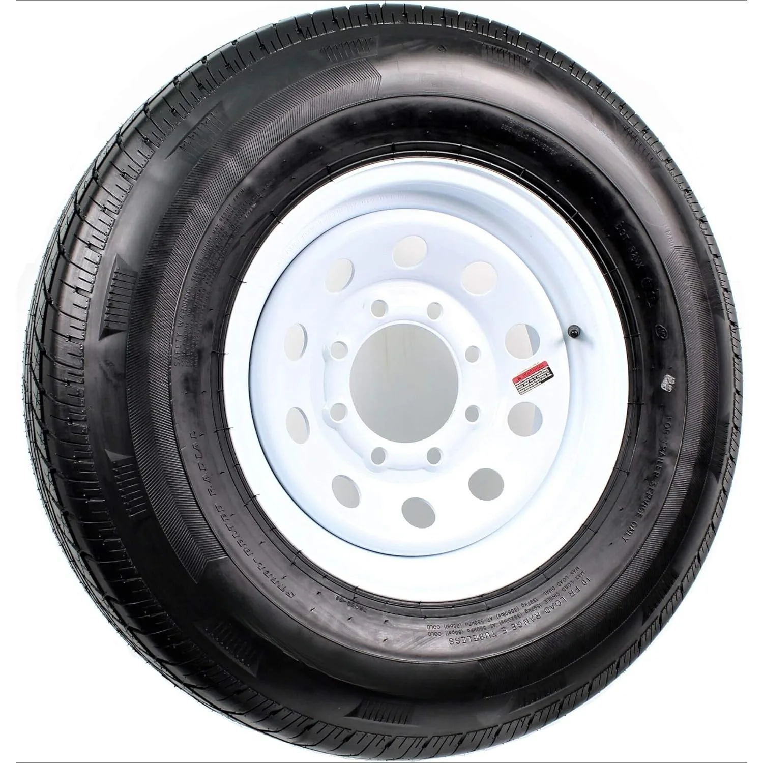 

Radial Trailer Tire On White Rim ST235/80R16 Load Range E 8 Lug Modular Wheel - 6 Year Warranty w/Free Roadside