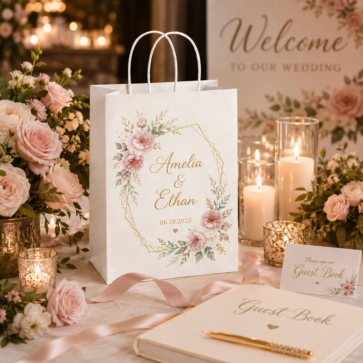 Custom White Kraft Paper Bag Personalized Paper Gift Bag 120g with Twisted Handle for Wedding Favor Holiday Party Gift Packaging