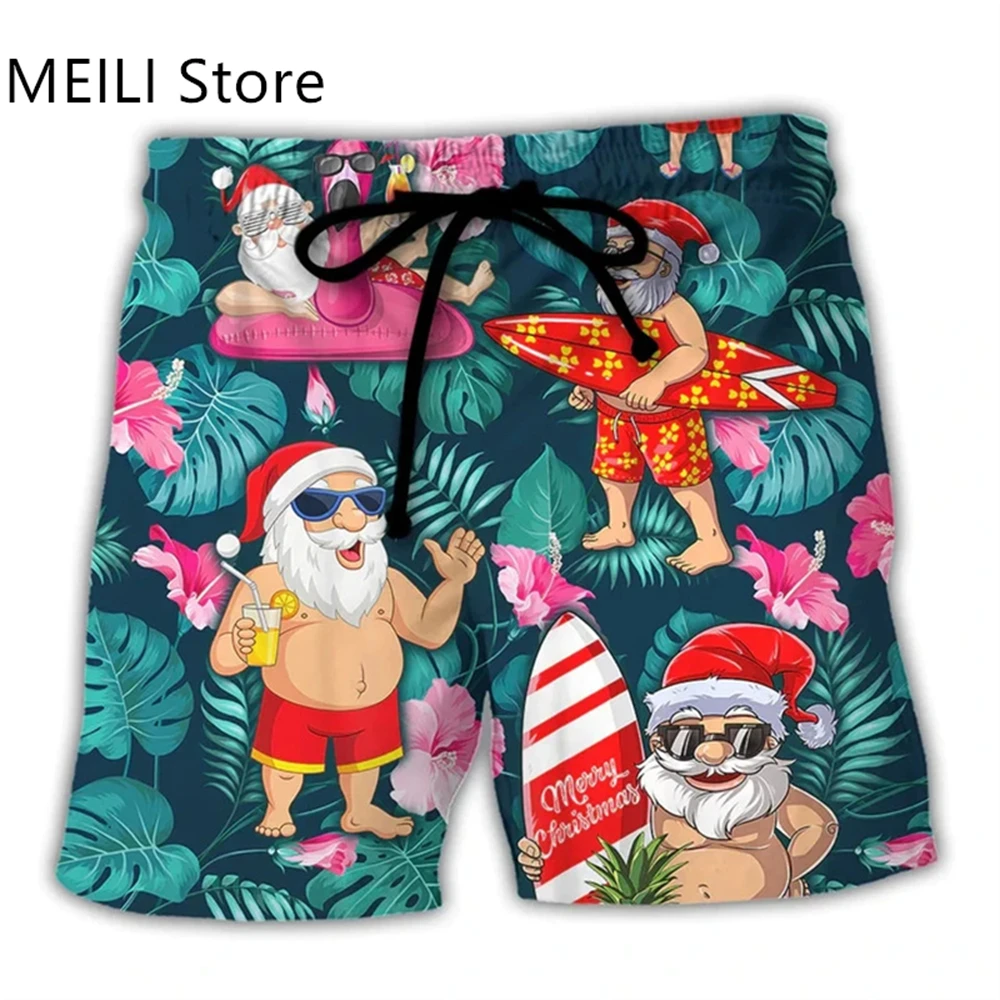 Men Shorts Merry Christmas Santa Claus 3D Print Funny Xmas Unisex Y2k Board Short Pants Summer Hawaii Swimsuit Surf Swim Trunks