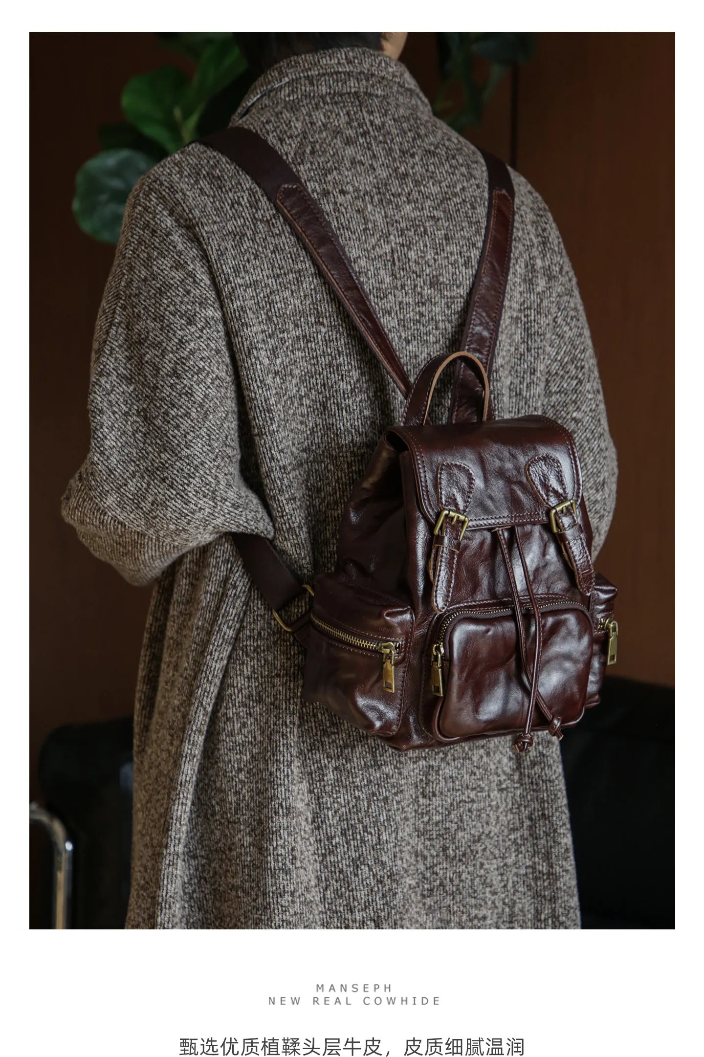 Vintage-Organizer, Designer-Handtaschen aus echtem Leder, Damenrucksäcke für lässige Wochenendreisen, echter Rindsleder-Rucksack für Frauen. – Detail 1