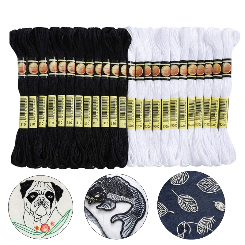 Fil à broder pour point de croix, accessoires de couture faits maison, 12 fils blancs + 12 fils noirs