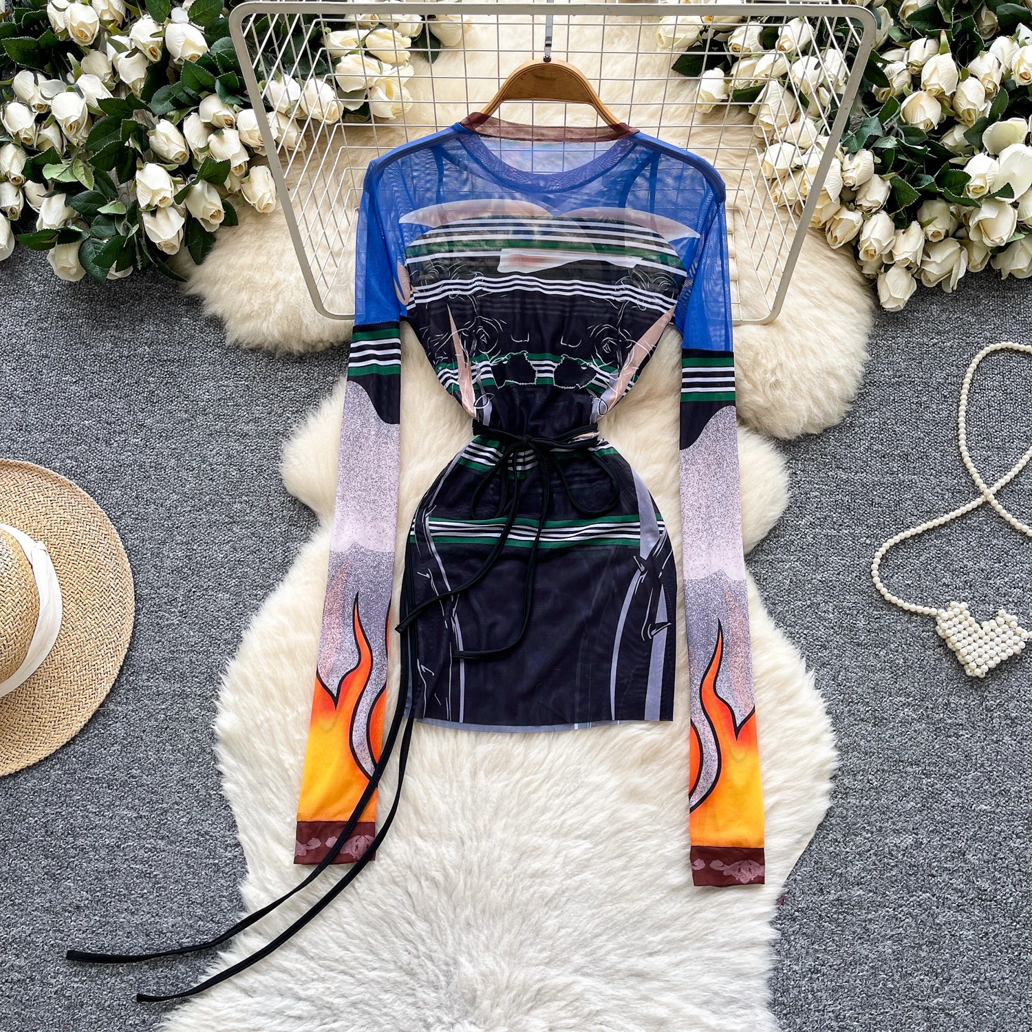 SINGREINY Multicolor Print Mesh Dress Sheer Long Sleeve Lace Up Slim Night Party Short Dresses Women Clubwear Bodycon Mini Dress