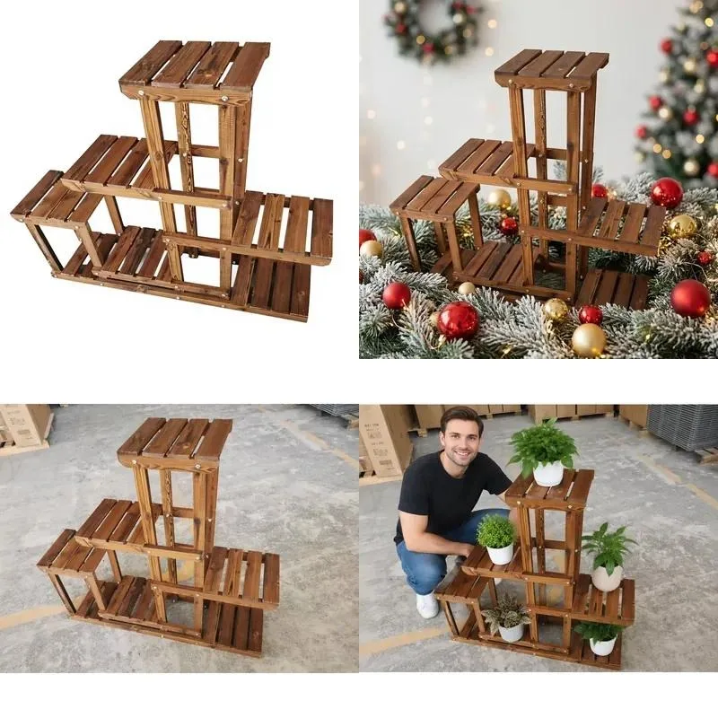 Wholesale Large Wooden Flower Stand Bonsai Display Rack for Balcony Garden Plant Pot Holder