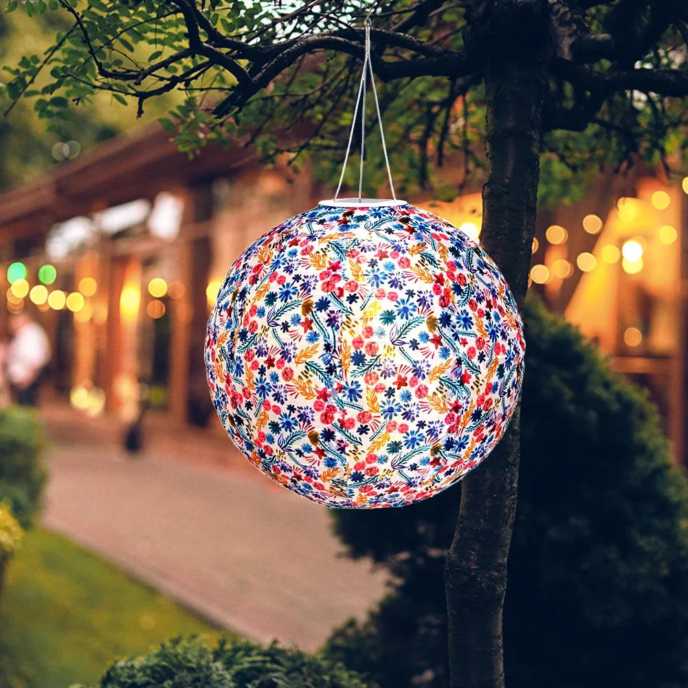 12 inch LED Solar Chinese Lantern Round Ball Printed Decorative Lantern Hanging for Home Yard Park Lighting Outdoor Decor