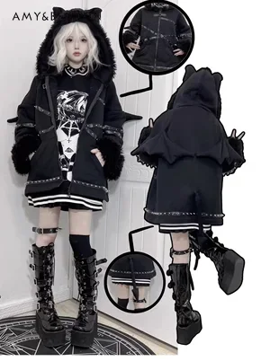 

Gothic Street Punk Rivet Devil Wings Hooded Jackets for Women Winter New Thicken Casual Zip Coat Harajuku Y2K Oversized Jacket