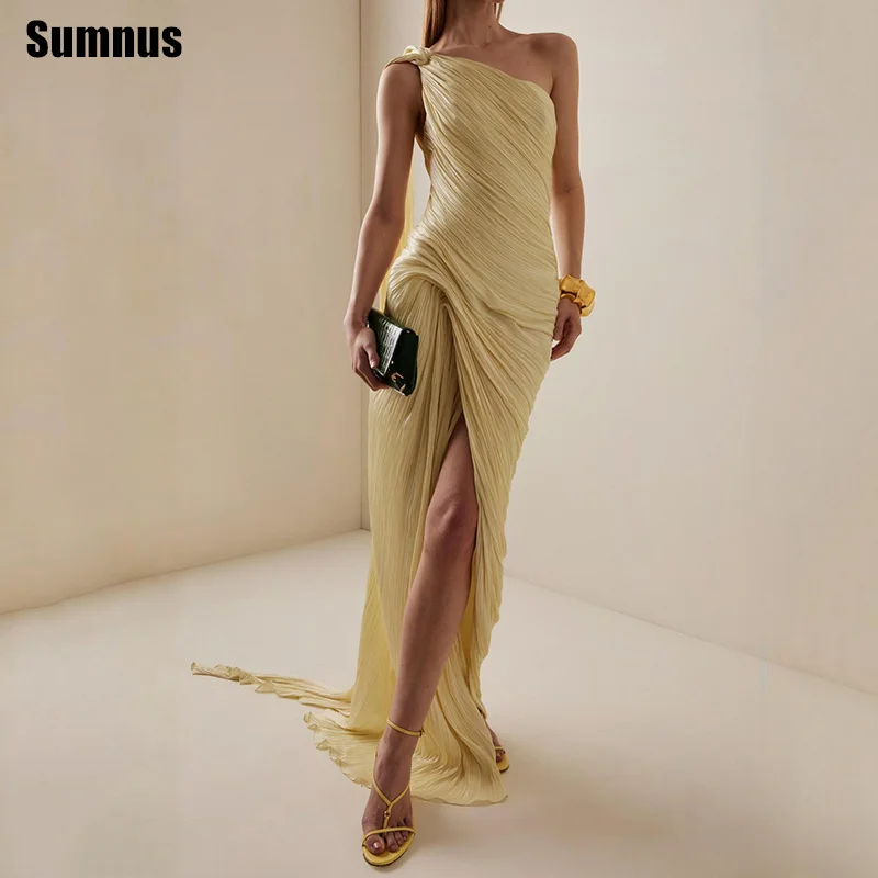 

Sumnus Elegant Mermaid Evening Dresses One Shoulder Pleats Sleeveless Side Slit Formal Dresses فساتين سهرة Customized