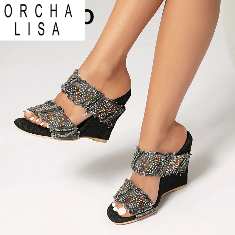 

ORCHA LISA Модный дизайн Женские сандалии с открытым носком на танкетке 11 см Слипоны Мюли Кристалл Большие размеры 44 45 46 Повседневная женская обувь для отдыха