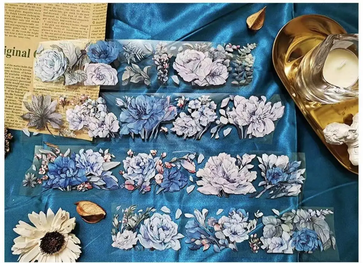 Vintage The Aroma of Cool Blue Flower Washi PET Tape Planner DIY Card Making Scrapbooking Plan Decorative Sticker