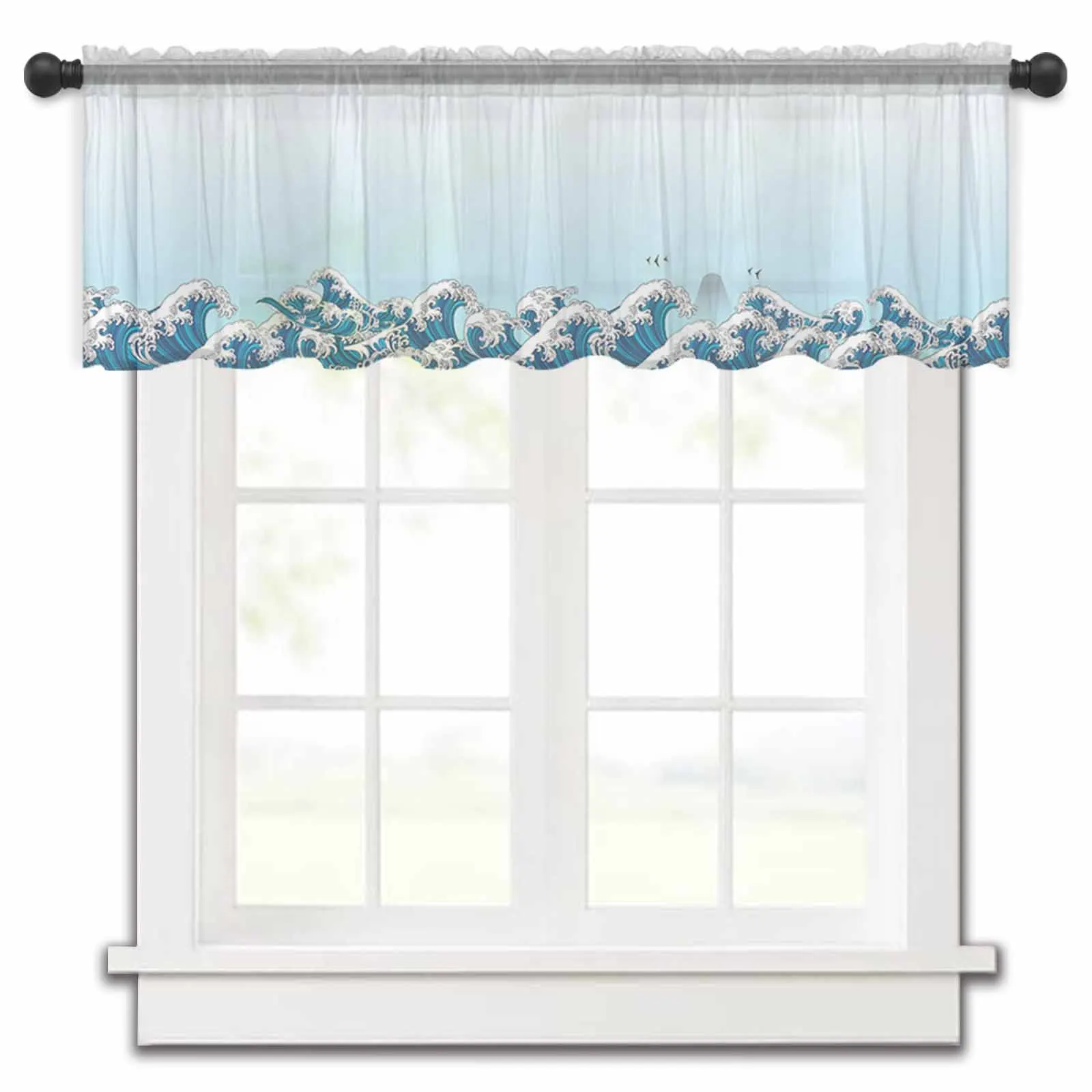 Abstract Summer Gradient Of Ocean Waves Kitchen Small Window Curtain Tulle Sheer Short Curtain Living Room Voile Drapes