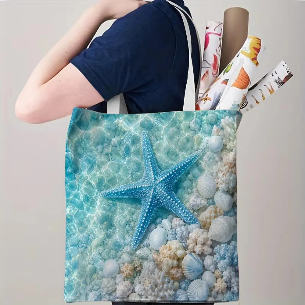 Underwater Sea Creature Storage Bags Canvas Double-Sided Print Tote Bag Large Capacity Shoulder Fashion Shopping Handbag